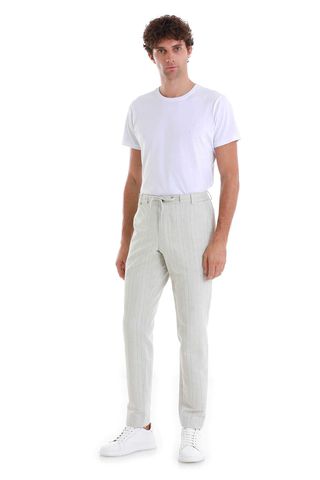 Bej Regular Fit Çizgili Yandan Cepli Keten Pantolon