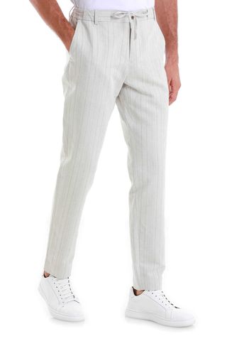 Bej Regular Fit Çizgili Yandan Cepli Keten Pantolon