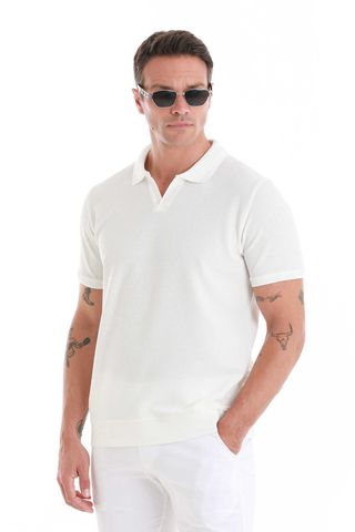 Beyaz Regular Fit Polo Yaka Pamuklu Tişört
