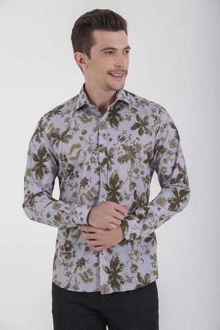 Yeşil Slim Fit Baskılı 100% Pamuk Uzun Kol Spor Gömlek