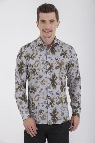 Yeşil Slim Fit Baskılı 100% Pamuk Uzun Kol Spor Gömlek