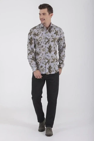 Yeşil Slim Fit Baskılı 100% Pamuk Uzun Kol Spor Gömlek