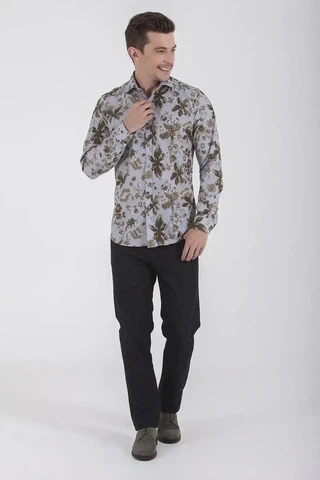 Yeşil Slim Fit Baskılı 100% Pamuk Uzun Kol Spor Gömlek