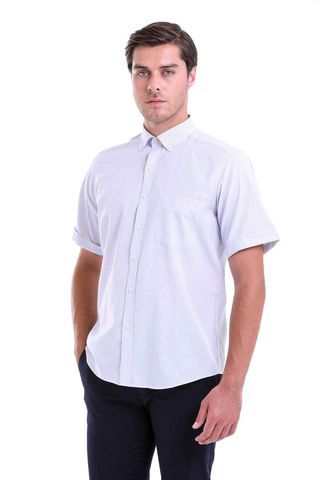 Gri Regular Fit Pamuklu Düğmeli Yaka Kısa Kol Klasik Gömlek