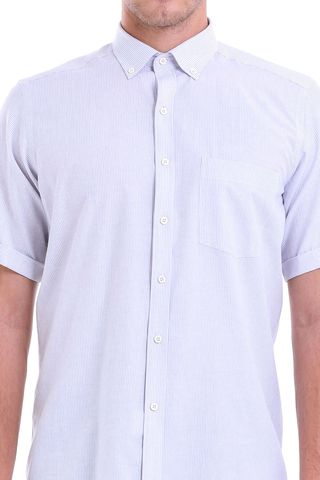 Gri Regular Fit Pamuklu Düğmeli Yaka Kısa Kol Klasik Gömlek