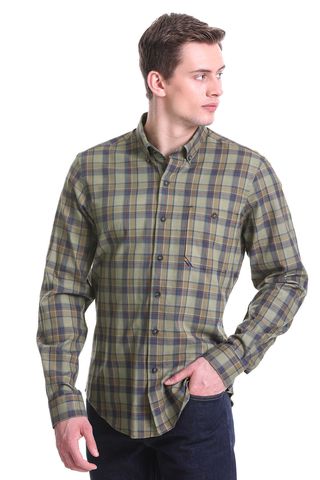 Haki Comfort Fit Kareli 100% Pamuklu Düğmeli Yaka Uzun Kollu Klasik Gömlek