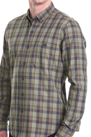 Haki Comfort Fit Kareli 100% Pamuklu Düğmeli Yaka Uzun Kollu Klasik Gömlek
