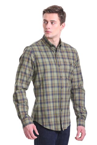 Haki Comfort Fit Kareli 100% Pamuklu Düğmeli Yaka Uzun Kollu Klasik Gömlek