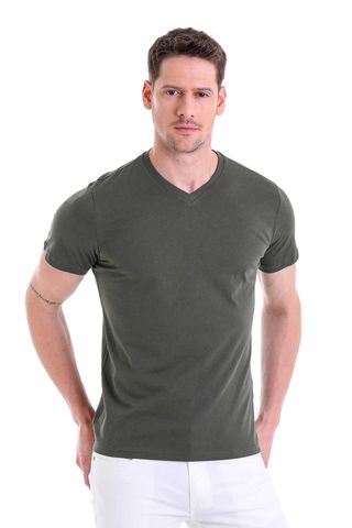 Haki Regular Fit Düz 100% Pamuklu V Yaka Tişört
