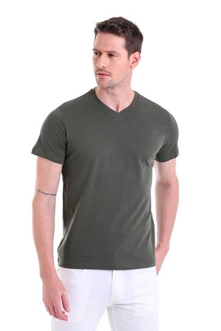 Haki Regular Fit Düz 100% Pamuklu V Yaka Tişört