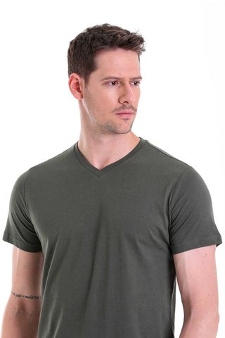 Haki Regular Fit Düz 100% Pamuklu V Yaka Tişört