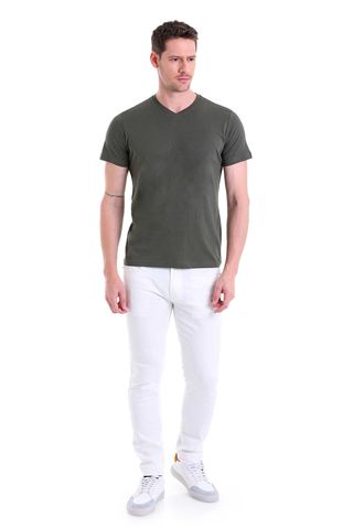 Haki Regular Fit Düz 100% Pamuklu V Yaka Tişört