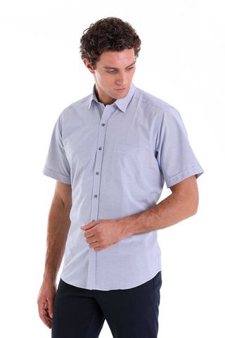 Lacivert Regular Fit Kareli Pamuklu Slim Yaka Kısa Kol Klasik Gömlek