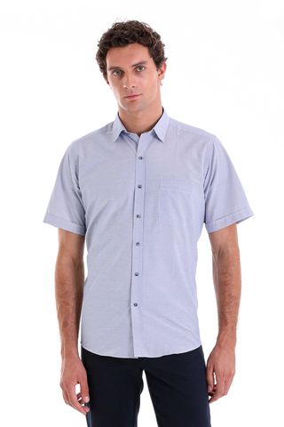 Lacivert Regular Fit Kareli Pamuklu Slim Yaka Kısa Kol Klasik Gömlek