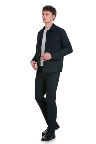 Lacivert  Slim Fit Kareli Mono Yaka Overshirt Takım