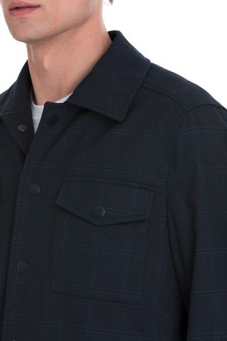 Lacivert  Slim Fit Kareli Mono Yaka Overshirt Takım