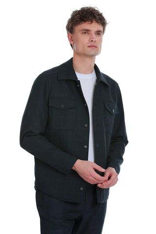 Lacivert  Slim Fit Kareli Mono Yaka Overshirt Takım