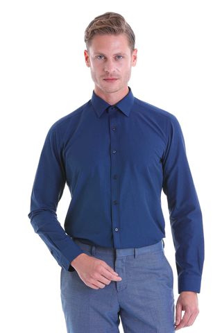 Lacivert Slim Fit Pamuklu Slim Yaka Uzun Kollu Klasik Gömlek
