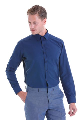 Lacivert Slim Fit Pamuklu Slim Yaka Uzun Kollu Klasik Gömlek