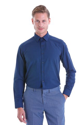 Lacivert Slim Fit Pamuklu Slim Yaka Uzun Kollu Klasik Gömlek