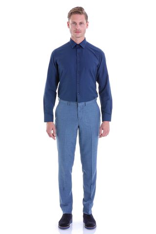 Lacivert Slim Fit Pamuklu Slim Yaka Uzun Kollu Klasik Gömlek