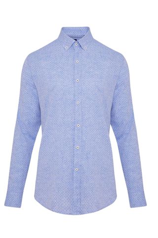 Mavi Slim Fit Baskılı Düğmeli Yaka Uzun Kollu Casual Keten Gömlek