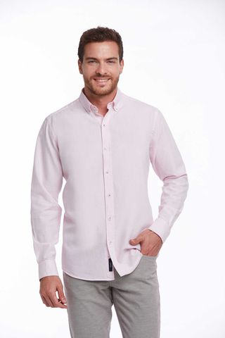 Pembe Comfort Fit 100% Pamuk Düğmeli Yaka Uzun Kollu Casual Oxford Gömlek