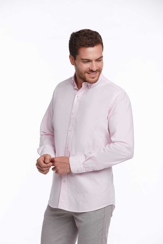 Pembe Comfort Fit 100% Pamuk Düğmeli Yaka Uzun Kollu Casual Oxford Gömlek