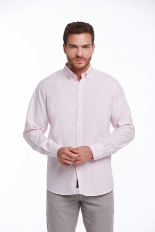 Pembe Comfort Fit 100% Pamuk Düğmeli Yaka Uzun Kollu Casual Oxford Gömlek