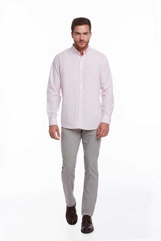 Pembe Comfort Fit 100% Pamuk Düğmeli Yaka Uzun Kollu Casual Oxford Gömlek