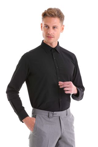 Siyah Slim Fit Pamuklu Slim Yaka Uzun Kollu Klasik Gömlek