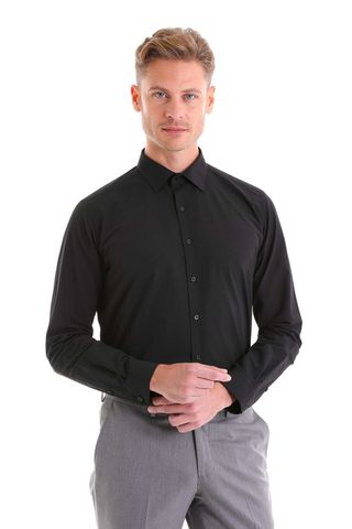 Siyah Slim Fit Pamuklu Slim Yaka Uzun Kollu Klasik Gömlek