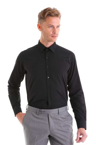 Siyah Slim Fit Pamuklu Slim Yaka Uzun Kollu Klasik Gömlek