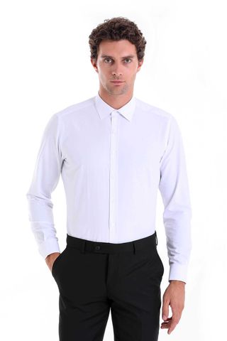 Beyaz Slim Fit Pamuklu Slim Yaka Uzun Kollu Klasik Gömlek