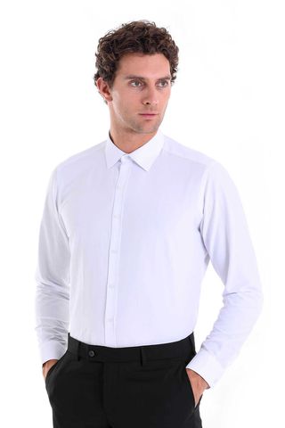 Beyaz Slim Fit Pamuklu Slim Yaka Uzun Kollu Klasik Gömlek