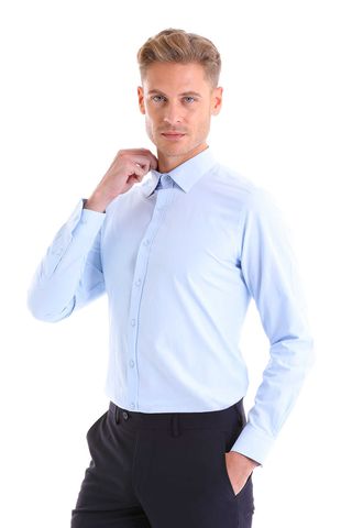 Mavi Slim Fit Düz Pamuklu Slim Yaka Uzun Kollu Klasik Gömlek