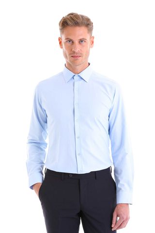 Mavi Slim Fit Düz Pamuklu Slim Yaka Uzun Kollu Klasik Gömlek