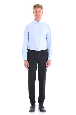 Mavi Slim Fit Düz Pamuklu Slim Yaka Uzun Kollu Klasik Gömlek