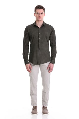 Yeşil Slim Fit Baskılı 100% Pamuklu Slim Yaka Uzun Kollu Baskılı Casual Gömlek