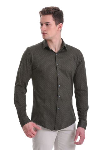 Yeşil Slim Fit Baskılı 100% Pamuklu Slim Yaka Uzun Kollu Baskılı Casual Gömlek