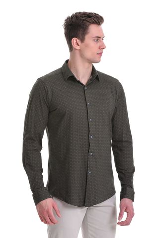 Yeşil Slim Fit Baskılı 100% Pamuklu Slim Yaka Uzun Kollu Baskılı Casual Gömlek
