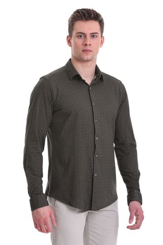 Yeşil Slim Fit Baskılı 100% Pamuklu Slim Yaka Uzun Kollu Baskılı Casual Gömlek